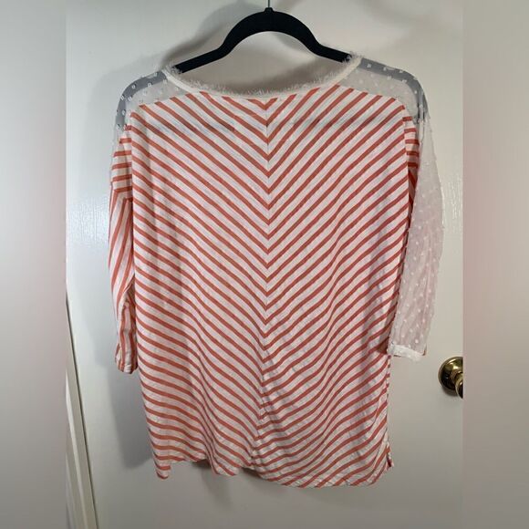 Little yellow button EUC coral/white striped lace shoulder top Size medium - Picture 4 of 4